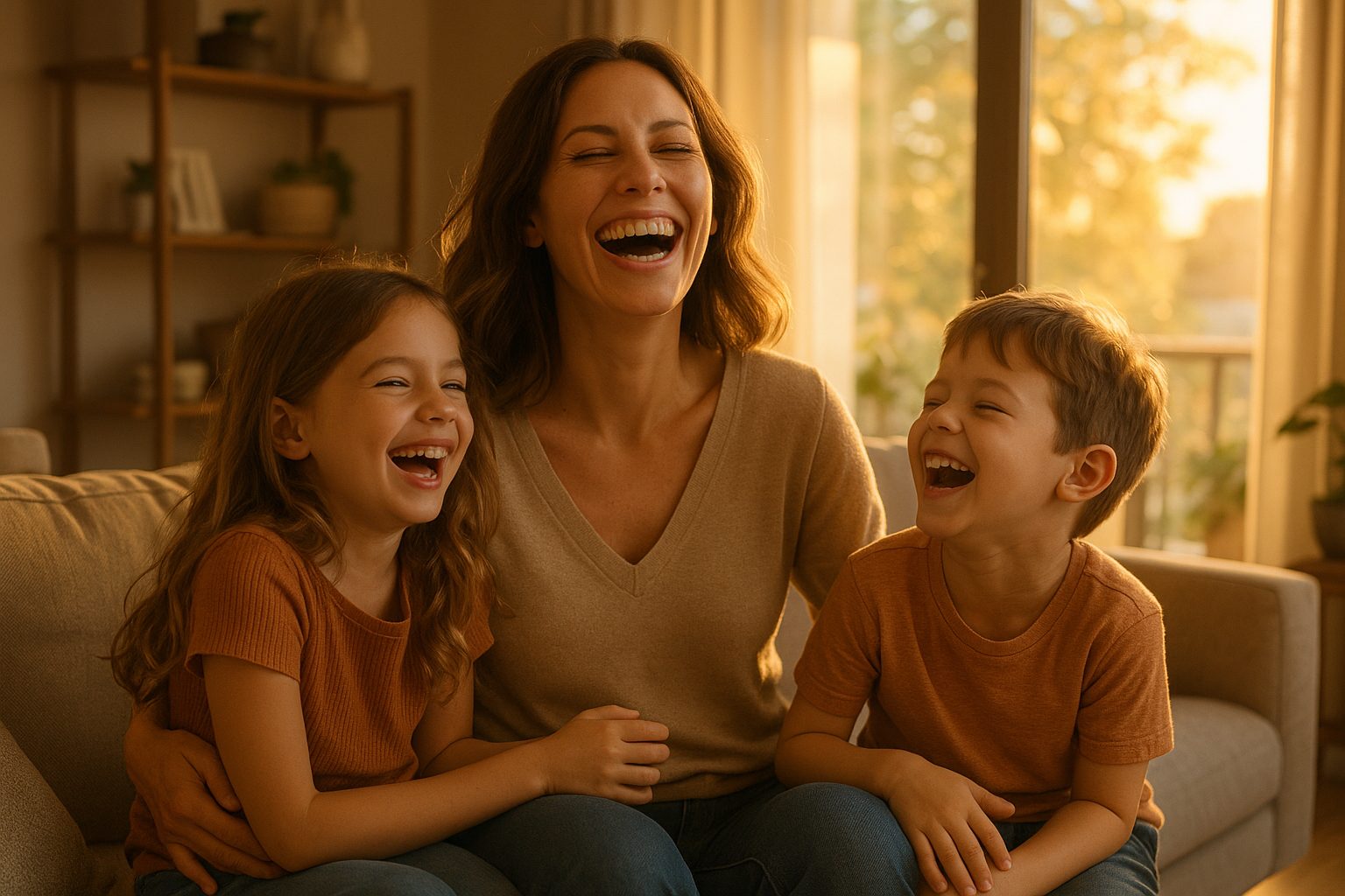 Family laughing in warm living room